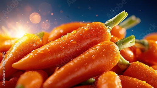   A close-up of piled carrots with droplets on top