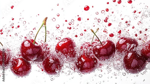   Cherries atop a table near water splash