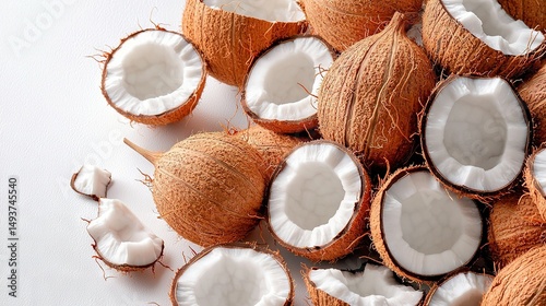   A pile of coconuts sits atop a table, alongside another pile of coconuts on the same table