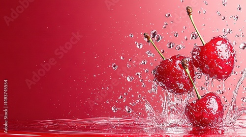  A cluster of cherries dipping into water against a dark red backdrop with a blush pink backdrop
