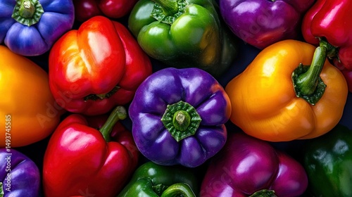   Colorful peppers stacked on green, red, yellow, purple pile