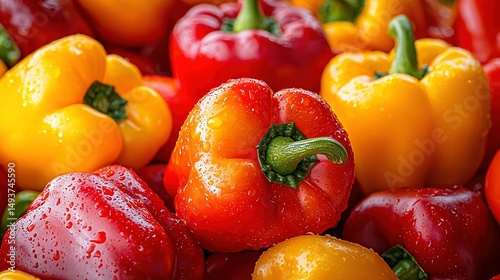   Red, yellow, and green peppers in a heap with droplets of water on them and above them
