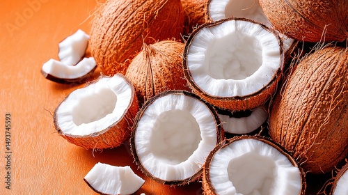   A coconut pile sits atop a wooden table with a halved coconut beside it