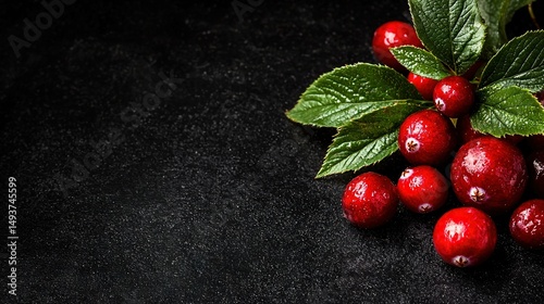   A cluster of cranberries adorned with foliage atop a dark background, displaying droplets of water
