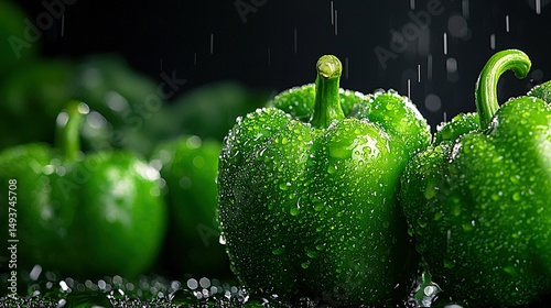   A set of green peppers sits together on a black background, with water droplets on top