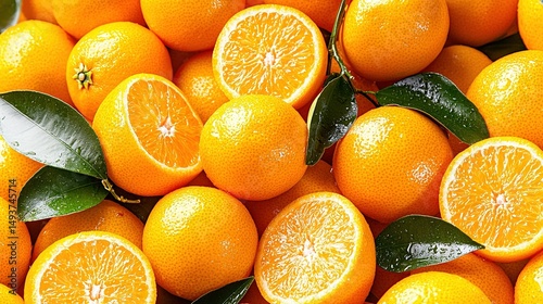   A stack of orange fruits topped with green foliage, featuring one of the oranges sliced in two