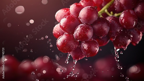   A close-up of grapes with water droplets above and below