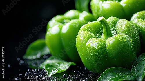   A group of green peppers on top of leafy green peppers with water droplets