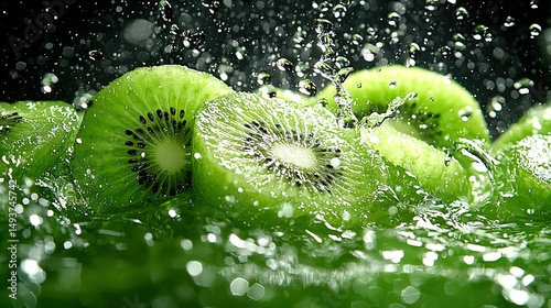   A cluster of vibrant green kiwis perched atop a verdant, wet grass on a dark canvas