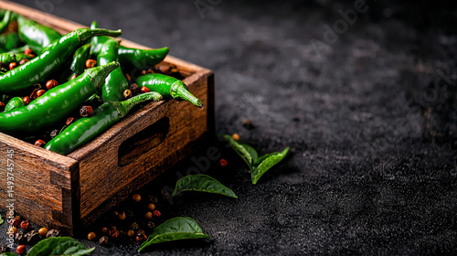   A green wooden box of peppers sits on a black table with pepper seeds nearby