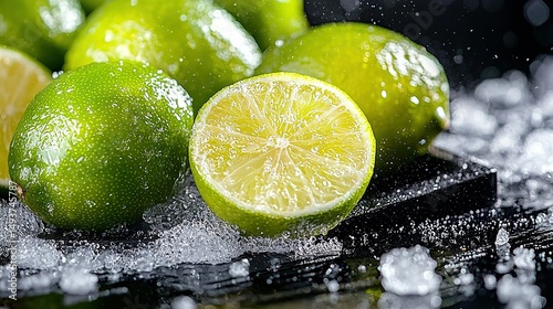   A lime pile sits on a cutting board with water splashing