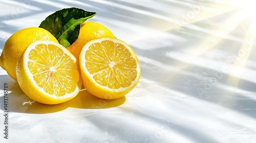   Lemons stacked on snow-covered ground, surrounded by green leaves