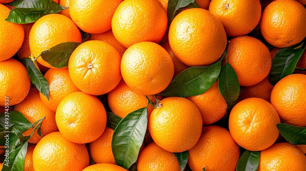 A giant orange pile with green foliage on both ends and leaves at the base of the oranges A giant orange pile with green foliage on both ends and leaves at the base of the oranges
