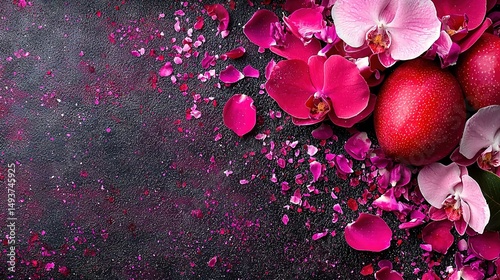   A black canvas adorned with pink and purple blooms and their accompanying petals