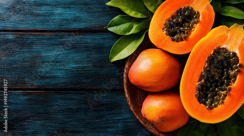  A blue wooden table holds a wooden bowl filled with ripe oranges and a green leafy plant nearby