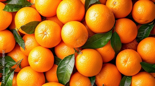  A giant orange pile with green foliage on both ends and leaves at the base of the oranges