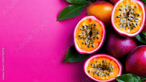   A cluster of pomegranates stacked on a pink background with green foliage