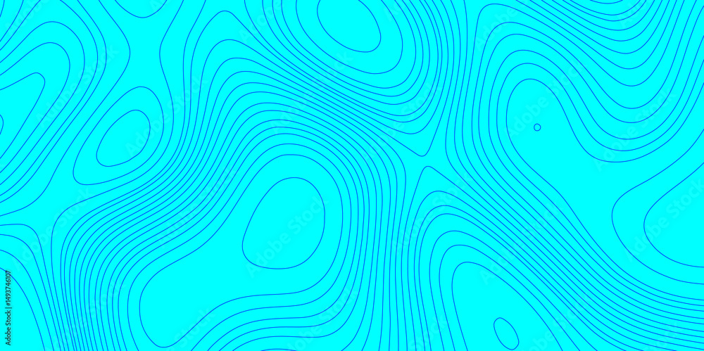 Fototapeta premium Blue geographic grid map cartography mountain relief topographic line contour texture background, blue and cyan contours wavy topography stylized curve pattern line terrain map abstract background.