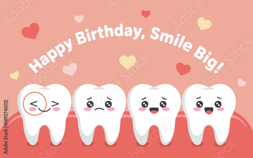 Happy Birthday Teeth Cartoon with Hearts