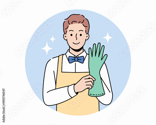 Smiling Man in Apron Wearing Cleaning Glove