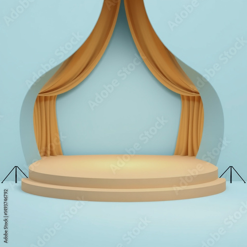3d render of a stage with curtains and minimalist design on a blue background
