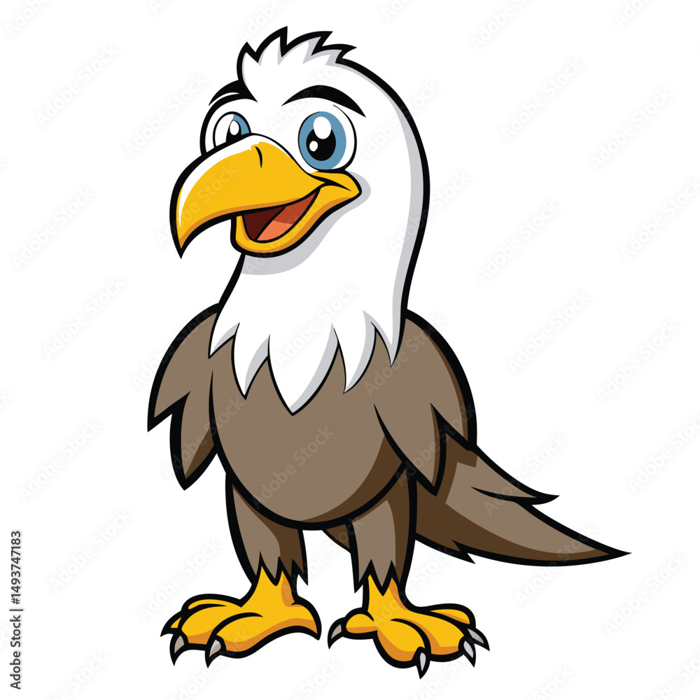 Obraz premium The cute cartoon eagle with white head and yellow beak stands happily