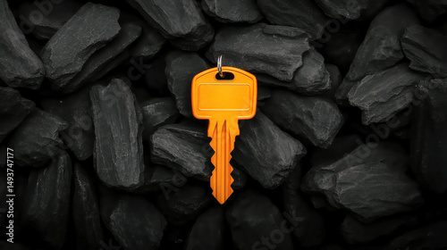Abstract black keys background with one orange key in the middle, a concept of success and business on a dark grey color banner.