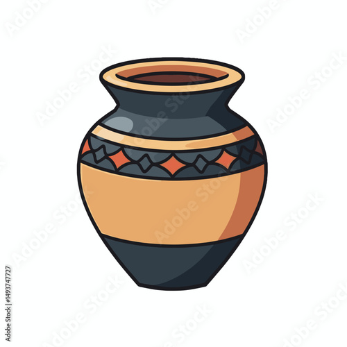 Stylized Cartoon Illustration of a Decorative Ceramic Vase with Geometric Patterns and Earth Tones