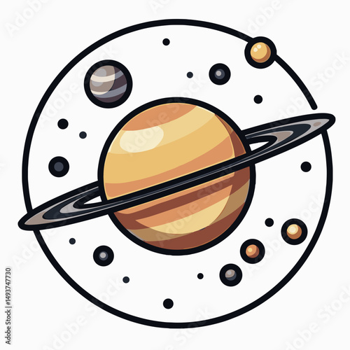 Cartoon Illustration of Saturn with Rings and Satellites in a Circular Frame, Space Exploration Concept