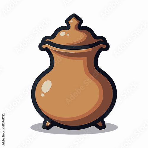 Illustration of a Brown Ceramic Pot with Lid and Small Legs on a White Background
