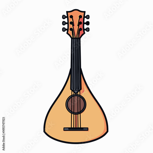 Illustration of a Light Brown Mandolin with Black Outlines and Tuning Pegs, Ideal for Music Education