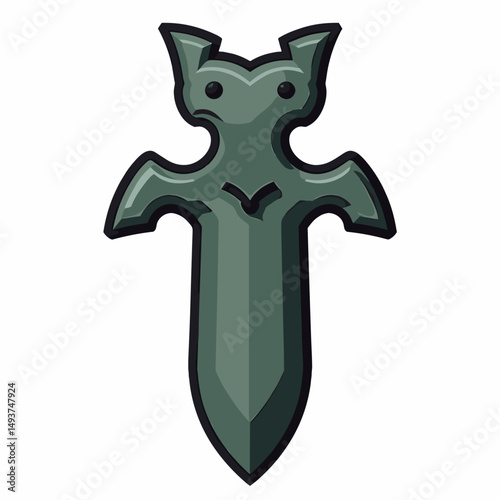 Stylized Stone Amulet with Abstract Creature Features, Dark Gray with Black Outline, Isolated on White Background