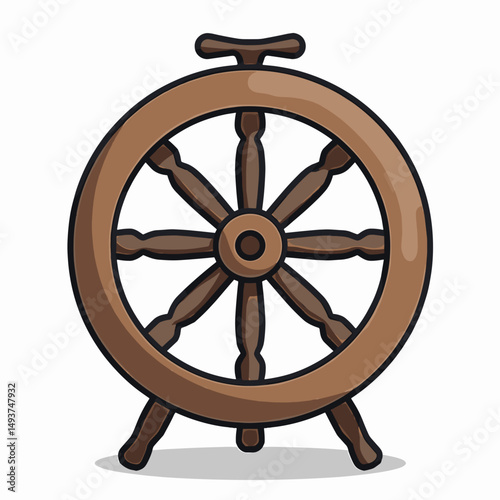 Illustration of a Vintage Wooden Ship Wheel with Stand, Nautical Theme Graphic