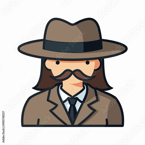 Cartoon Illustration of a Man with a Mustache Wearing a Fedora and Suit, Detective or Spy Character