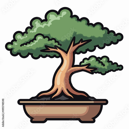 Cartoon Bonsai Tree in a Pot Illustration: A Symbol of Serenity and Miniature Beauty