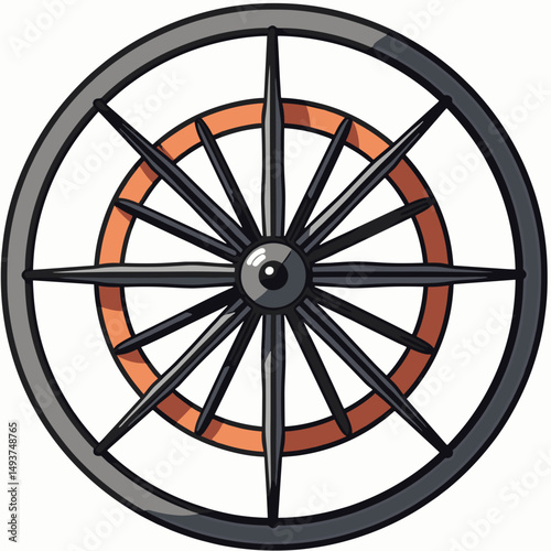 Illustration of a Detailed Wagon Wheel with Spokes and Outer Rim, Vintage Transportation Design
