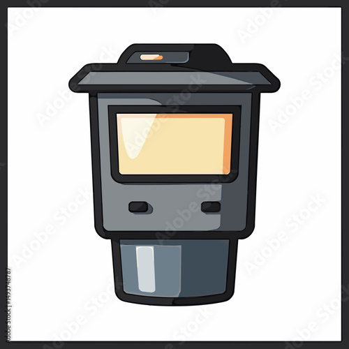 Stylized Illustration of a Modern Kiosk or Booth with a Screen and Button Controls, Dark Gray and Yellow