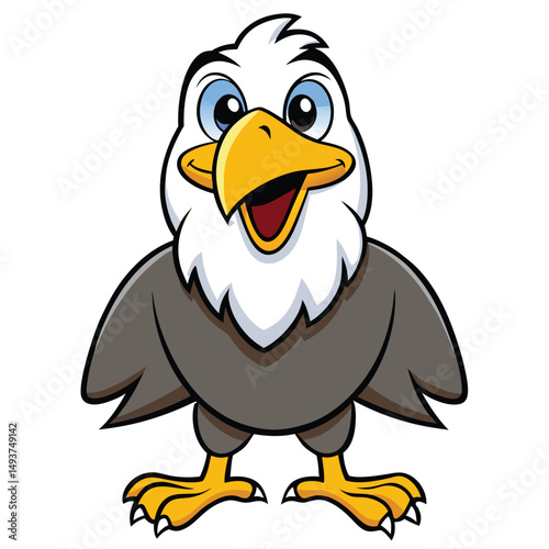 Obraz na plátně Cheerful cartoon bald eagle stands proudly, its beak open in apparent joy