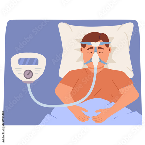 Continuous positive airway pressure.Obstructive sleep apnea.Man lying on bed.Cpap mask.Patient in hospital cpap therapy.mask fitted over a head. The guy with the oxygen mask fitted over a head.