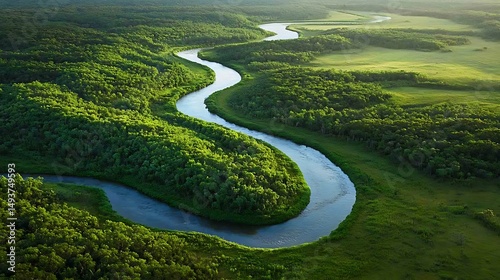 Lush river winding through verdant forest landscape.