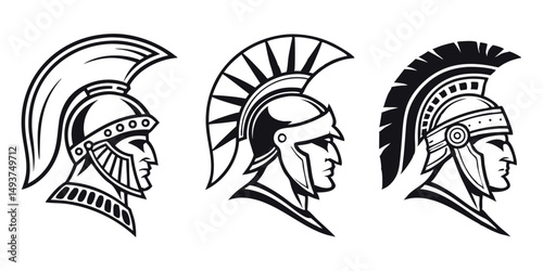 Three variations of ancient greek or roman warrior helmet designs in profile view