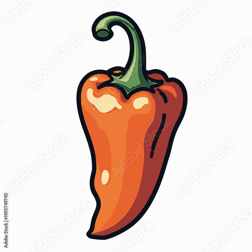 Illustration of a Vibrant Orange Bell Pepper with a Green Stem on White Background