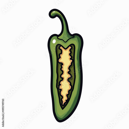 Illustration of a Green Jalapeno Pepper Cut in Half Showing Seeds, Food Ingredient