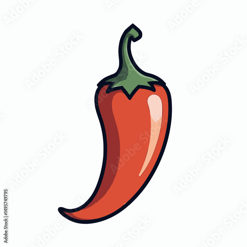 Illustration of a Red Chili Pepper with Green Stem on a White Background, Food Ingredient