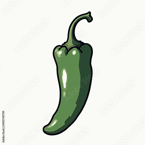 Illustration of a Fresh Green Jalapeno Pepper with Stem on a White Background