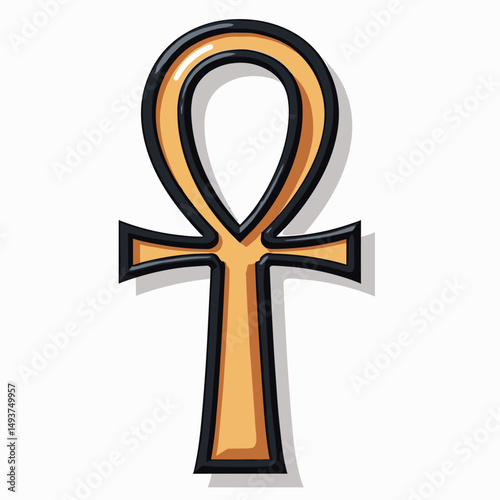 Stylized Ankh Symbol Illustration with Black Outline and Golden Fill, Ancient Egyptian Hieroglyphic for Life