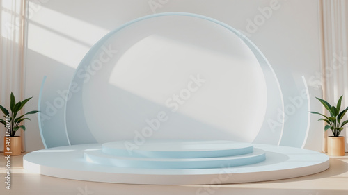 Elegant 3d render of a modern product display stage with plants and soft lighting