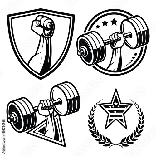 Vintage weightlifting emblems set strong arm biceps dumbbell barbell fitness gym