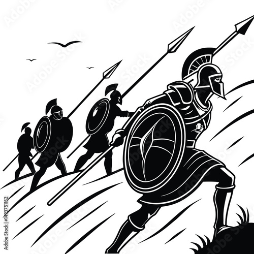 Ancient greek hoplites marching up a hillside spear and shield