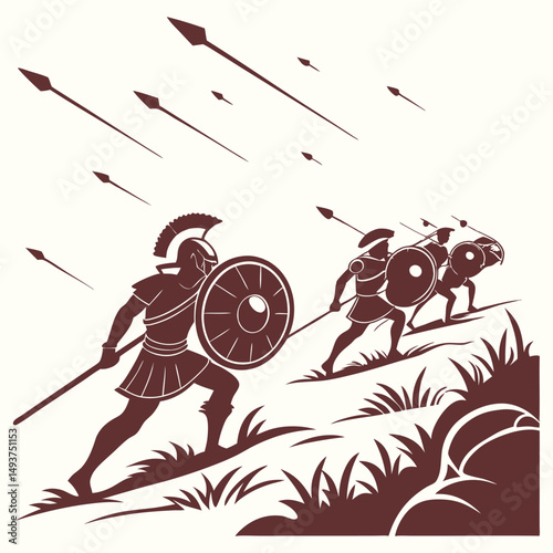 Ancient greek hoplites marching under a hail of javelins in a mountainous landscape